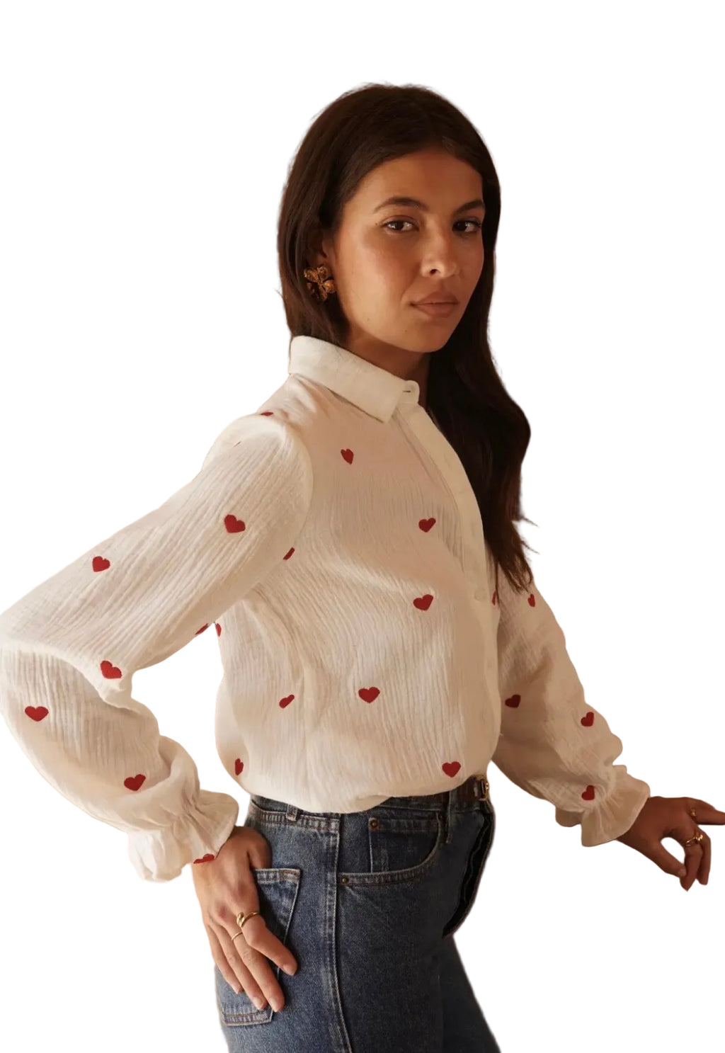 CHEMISE BLANCHE À CŒURS BRODÉS - MANCHES BOUFFANTES