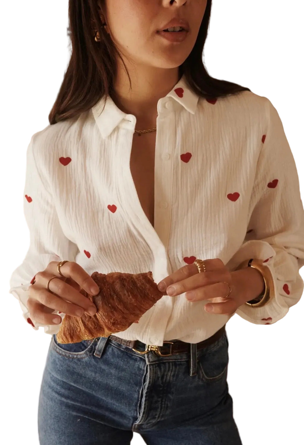 CHEMISE BLANCHE À CŒURS BRODÉS - MANCHES BOUFFANTES