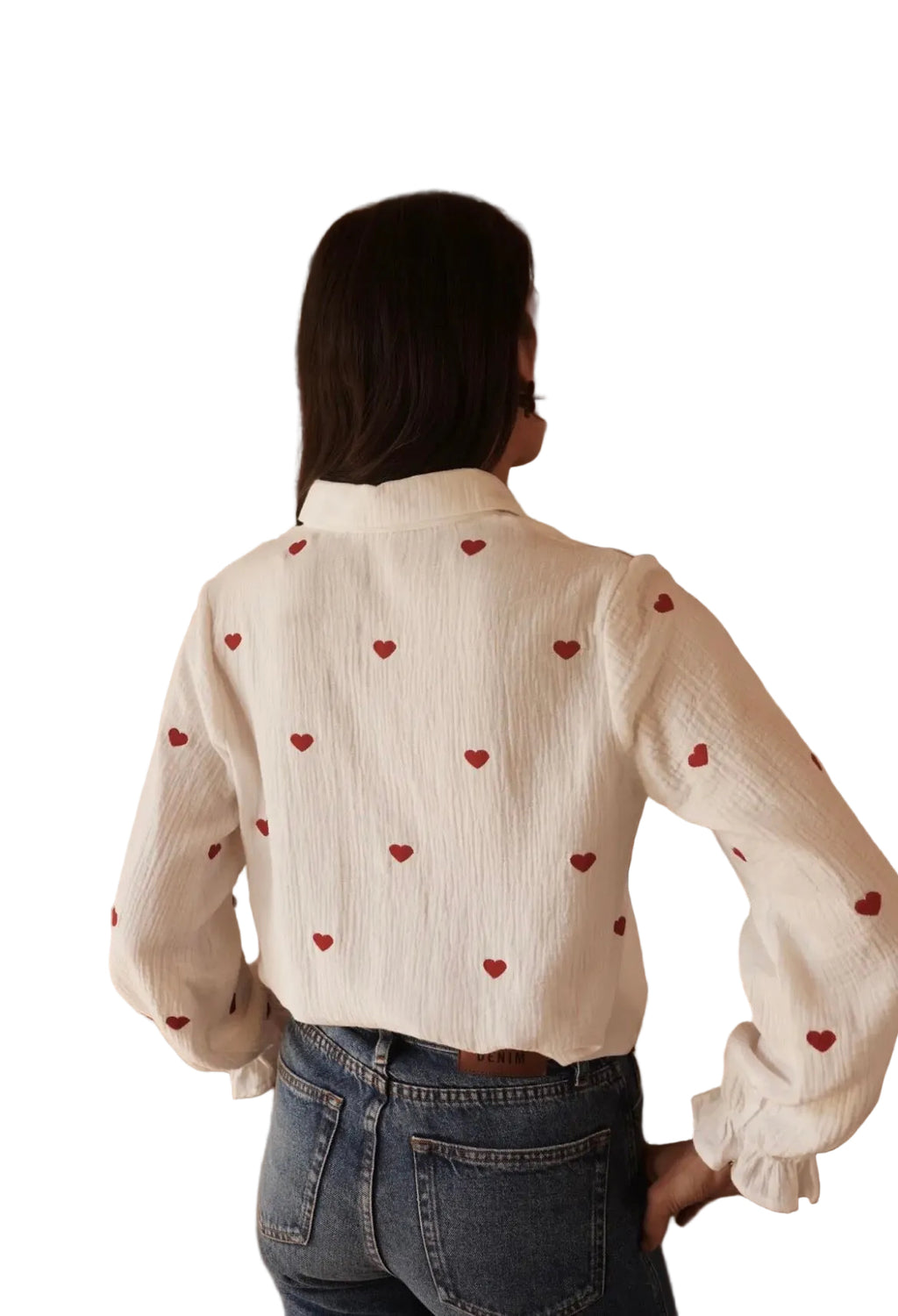 CHEMISE BLANCHE À CŒURS BRODÉS - MANCHES BOUFFANTES