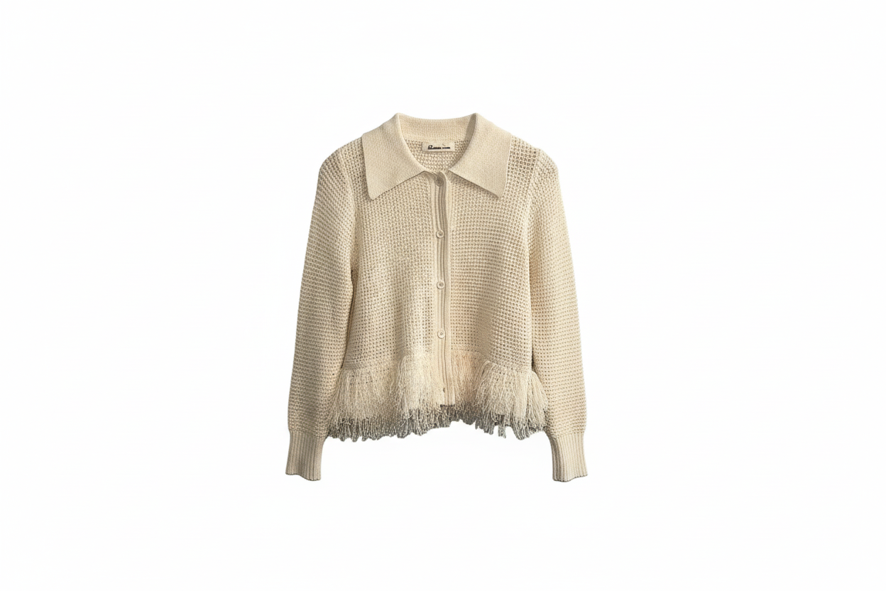 Veste en crochet beige à franges sur fond blanc